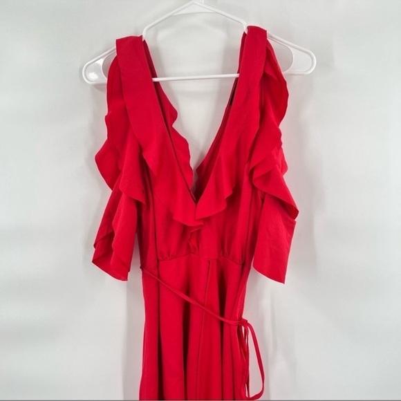 French Connection red cold shoulder dress ruffles faux wrap size 4 - Picture 3 of 13